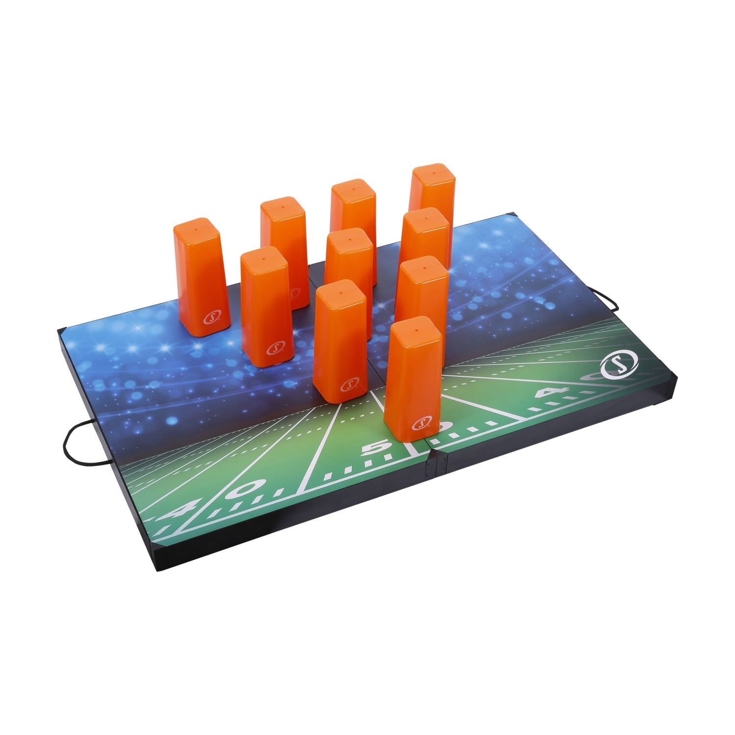 Spalding Football Pylon Toss Game, Easy-Grip Foam Football with Wooden Base & 10 Pins, Fun Backyard Target Challenge Set for All Ages, Great for Lawn, Beach, or Tailgate Play