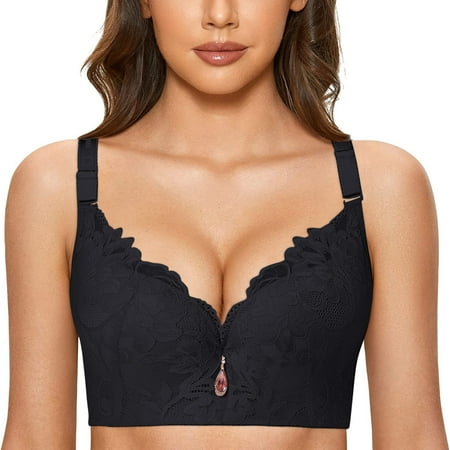 

Hunpta Plus Size Bras For Women Sexy Lace Floral Underwire Unlined Full Coverage Breathable Push-Up Bra Bralette