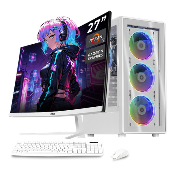 Computadora Escritorio Completa Xtreme PC Gaming AMD Radeon Vega 8 Ryzen 7 5700G 16GB SSD 500GB Monitor Curvo 27 100Hz WIFI White juegos casuales, trabajo y estudio