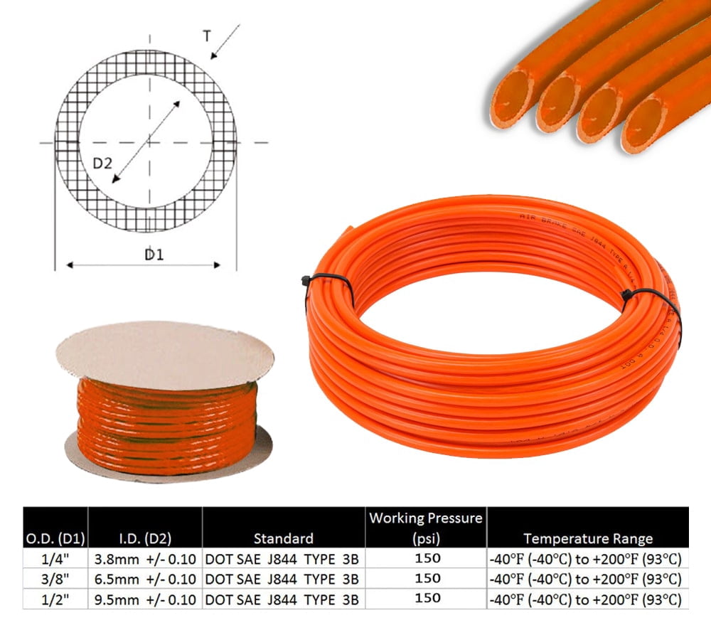 (2 Pack) 3/8" OD x 100' Orange SAE J844 Nylon Air Brake Tubing DOT Approved | Pneumatic Nylon Air Line Hose for Air Brake System