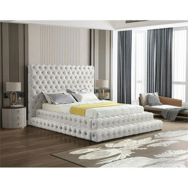 Meridian Furniture Revel Cream Velvet Queen Bed