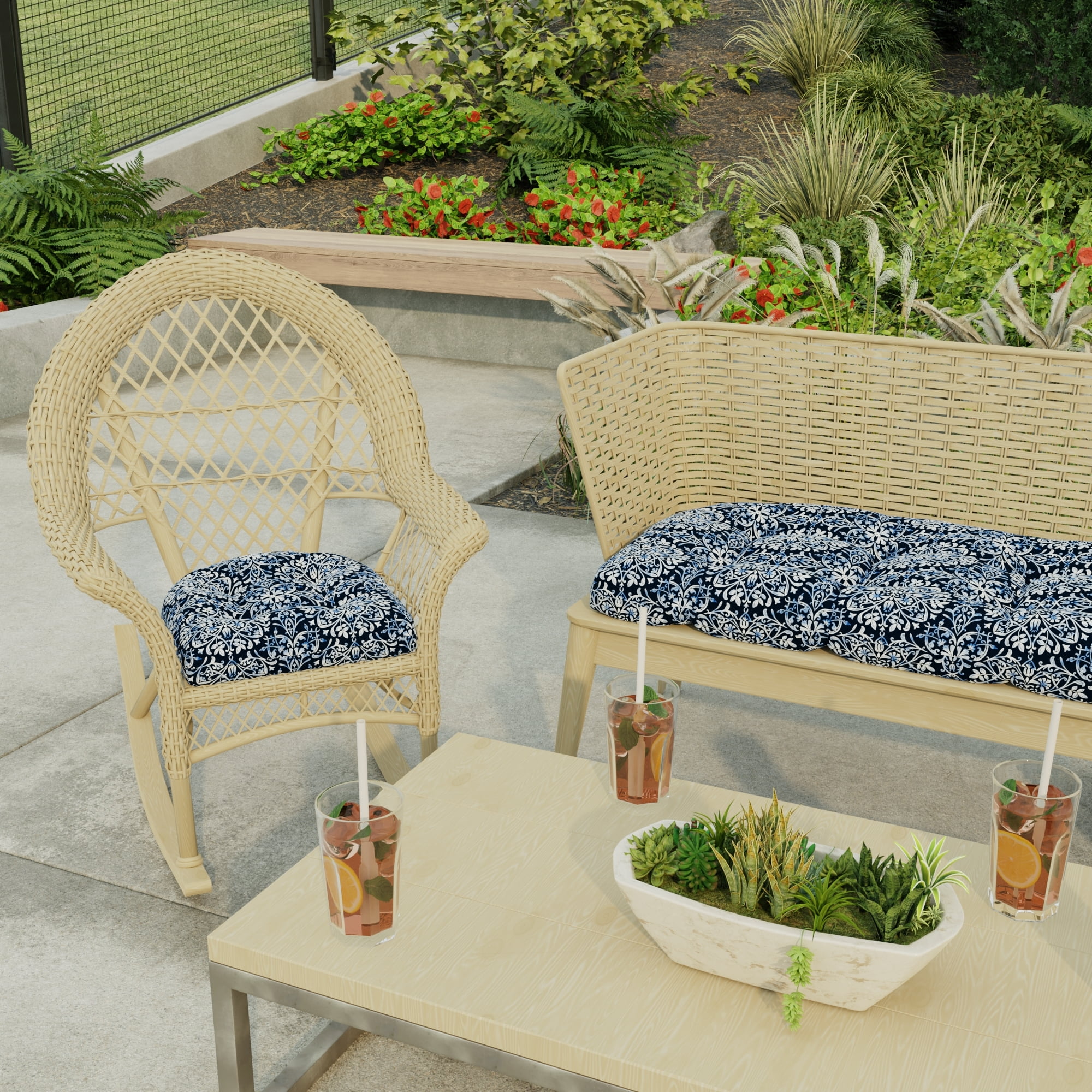 Jordan Manufacturing 18" x 18" Dresden Midnight Navy Damask Square Tufted Contoured Outdoor Wicker Seat Cushion (2 Pack)