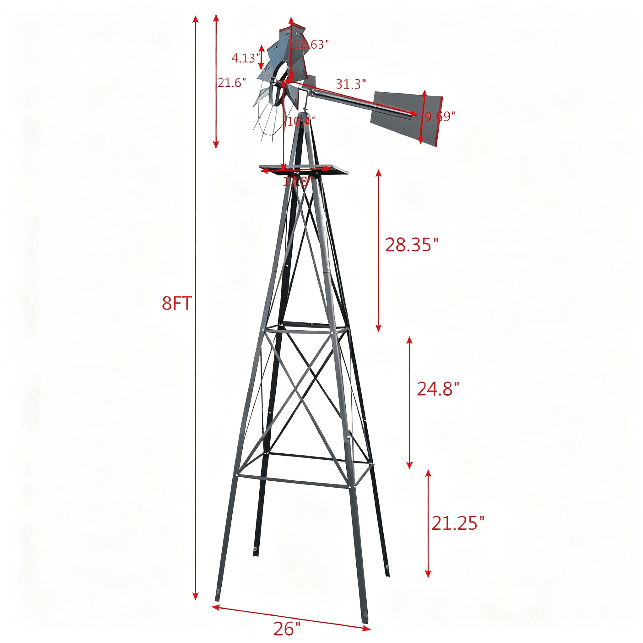 8FT Weather Resistant Yard Garden Windmill, Gray & Red