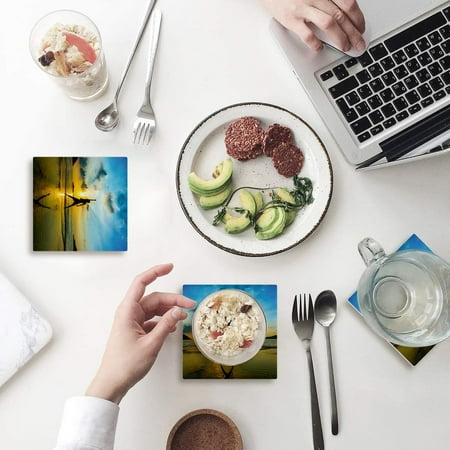 

FMSHPON Jumping Man on Sand Beach Sunrise Set of 6 Coaster for Drinks Absorbent Ceramic Stone Coasters Cup Mat with Cork Base for Home Kitchen Room Coffee Table Bar Decor