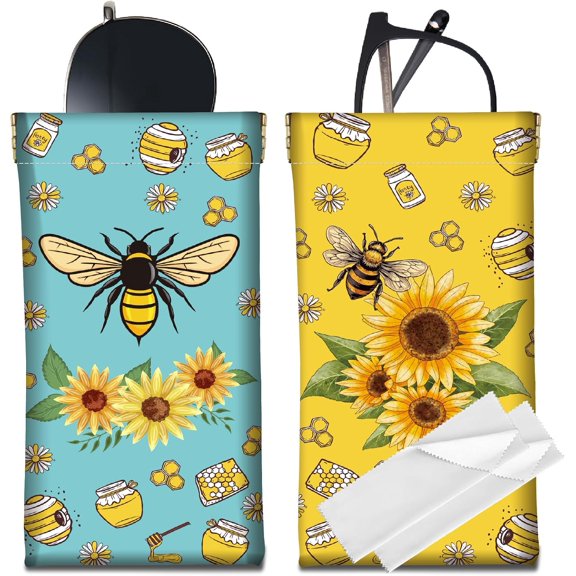 2Pcs Leather Glasses Case Portable Slim Bee Sunflower Sunglasses Case Bag Squeeze Top Soft Eyeglasses Holder Pouch Travel Waterproof Women Men Holiday 7x3.5Inch Mixed Color
