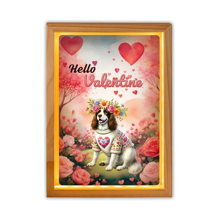 Hello Valentine’s Day English Springer Spaniel Flower Crown Romantic Pink Floral Acrylic Plaque with Wood Photo Frame Box Springers Dog Lover Gifts Light Box - 00031