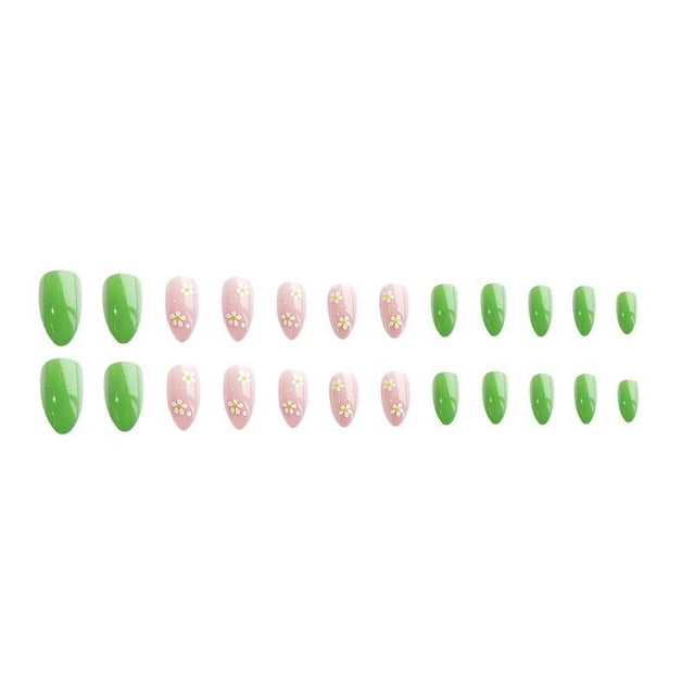 Uñas postizas, uñas postizas, regalos para mujeres, uñas de flores verdes, 24 piezas de parches para uñas