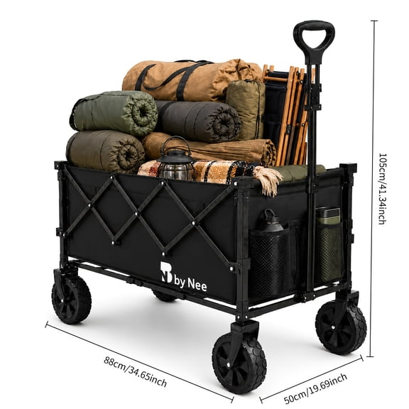 Large capacity folding camping and gardening cart. All terrain wheel design, ultra large cargo space. Ideal for camping, picnicking, gardening, and market shopping