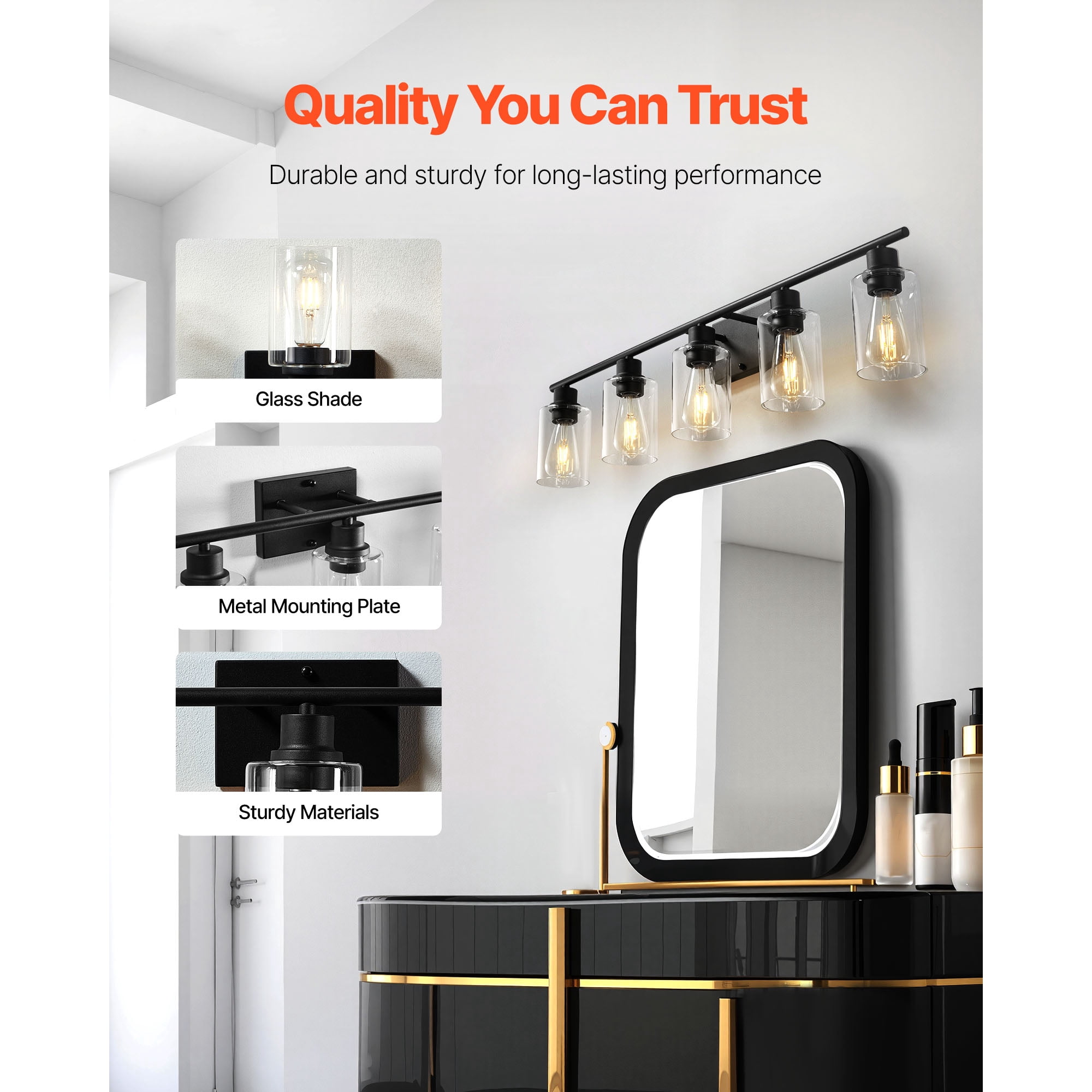 KFFKFF 5-Light Bathroom Vanity Fixture, 37.1-Inch Modern Wall Light with Clear Glass Shades, 60W, Suitable for Bathroom, Living Room, Bedroom, Hallway, E26 Base (Bulbs Not Included)