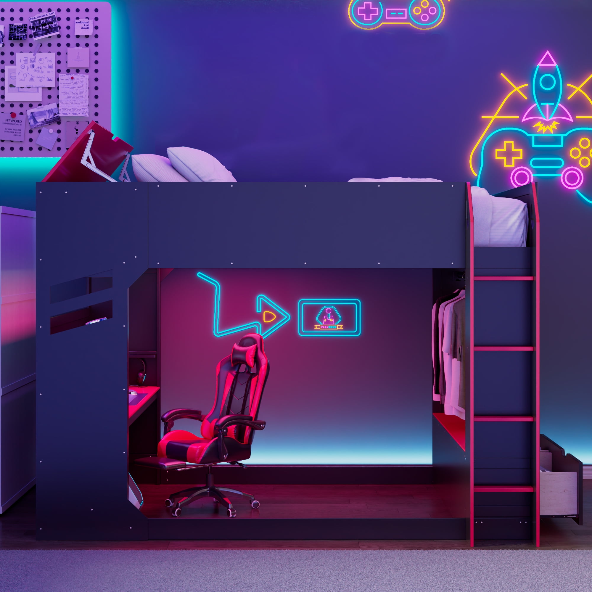 Aukfa Full Size Gamer Loft Bed with Adjustable Desk, RGB LED Lights, Drawers, Charging Station, Storage Compartments & Clothes Hanging Rod, Wooden Esports Bed, Red