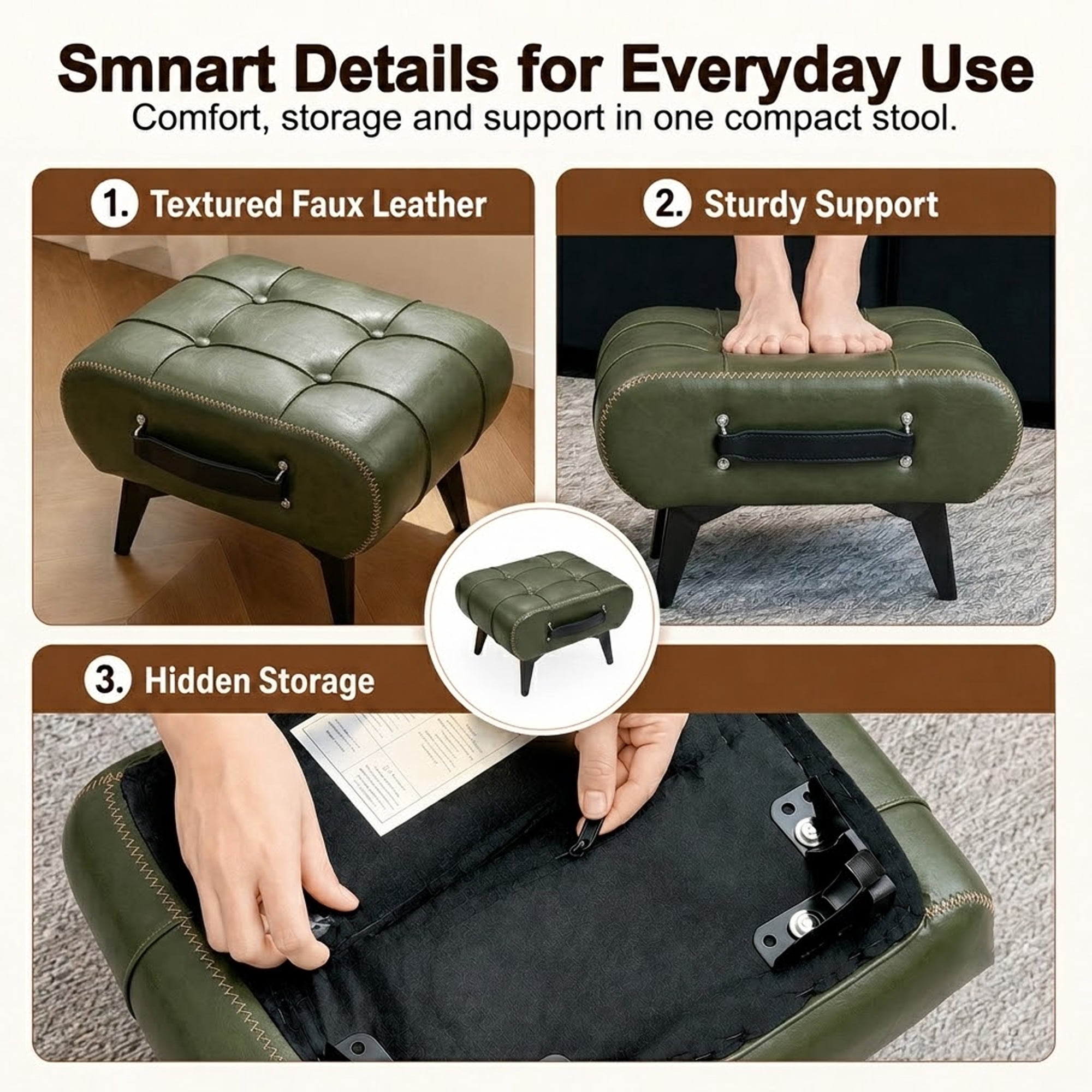 Leumius Modern Leather Stool with Hidden Storage,Portable Handles & Metal Legs,Square Footrest for Living Room,Green