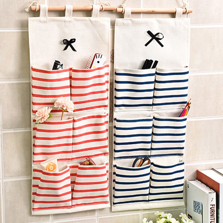 Linen Cotton Fabric Wall Door Cloth Hanging Storage Bag Case 5 Pocket Home  Organizer (White Polka Dots)