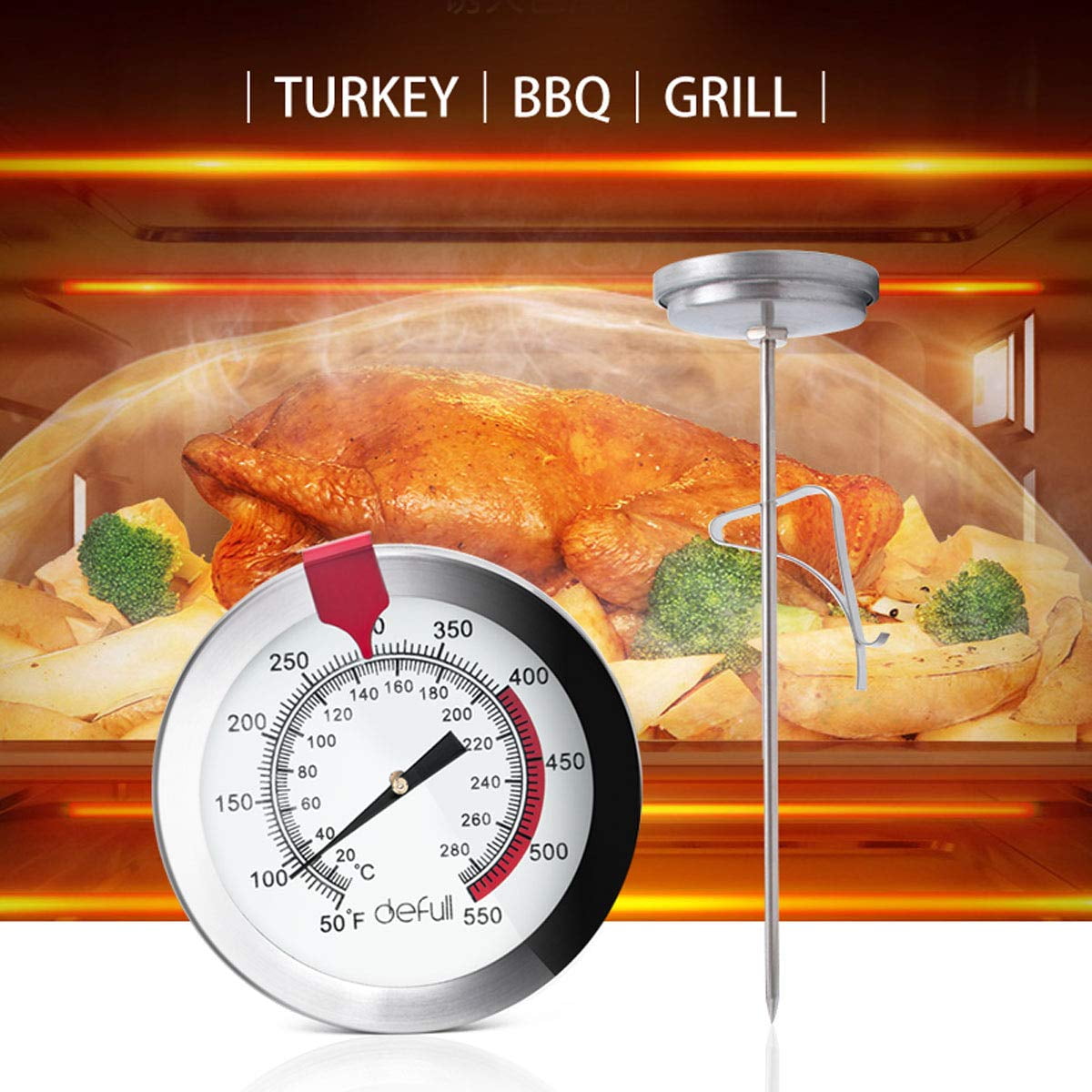 Lightbeam 16 Long Stem Deep Fry Thermometer with Clamp, Instant Read 2 Dial Meat BBQ Thermometer for Deep Fry, Grill, Turkey, Candy, Coffee Etc