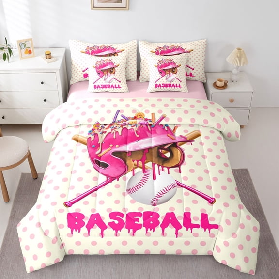 Feelyou Kawaii Pink Helmet Twin Bedding Sets 7pcs, Splash Baseball Bedding Comforter Set