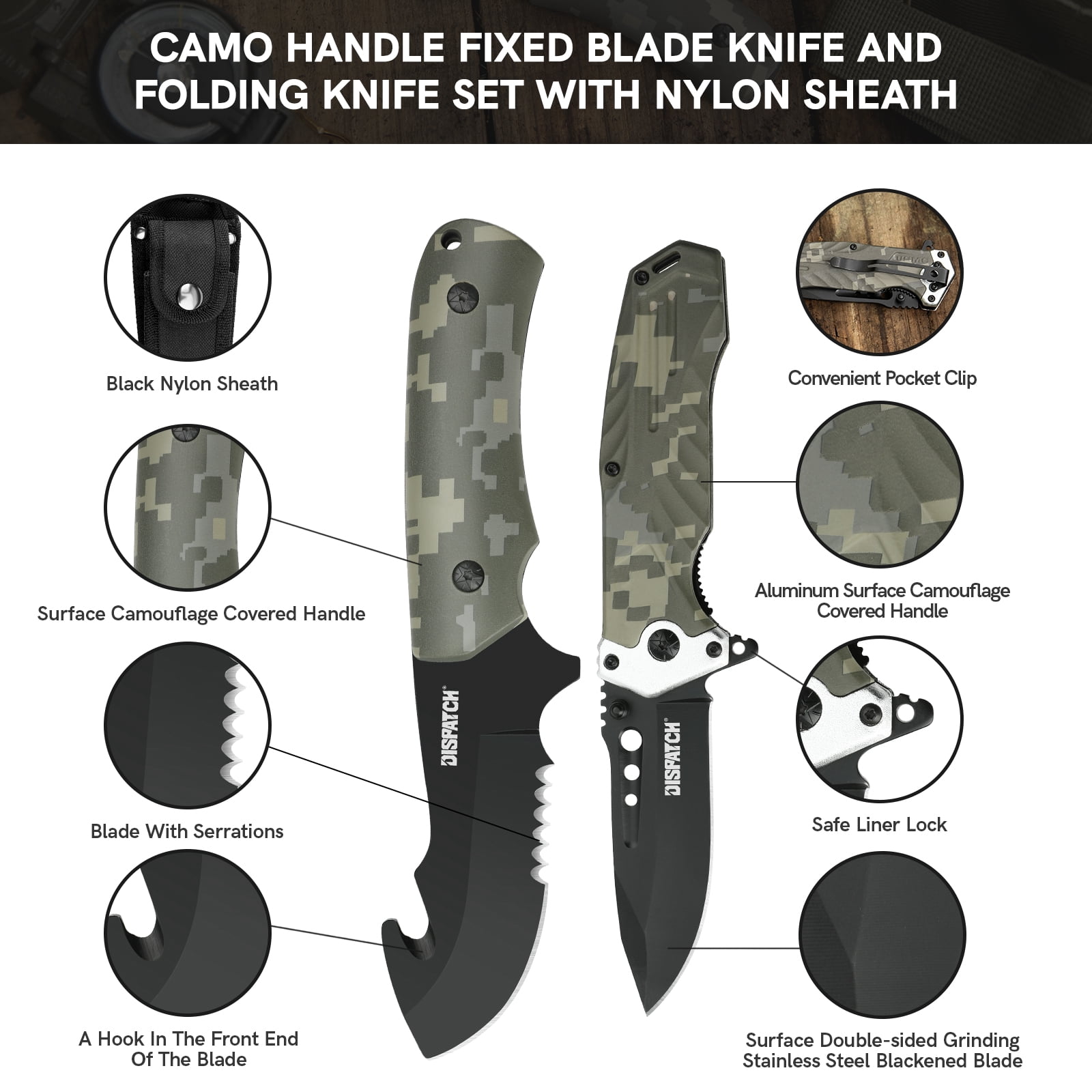 Dispatch 8.39" 2PCS Fixed Blade Knife, Hunting Knife Set ,Folding Knife Set with Nylon Sheath, EDC Knife