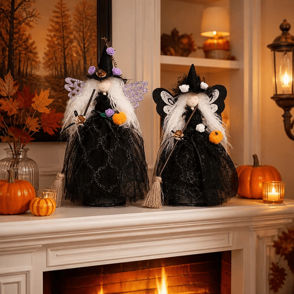 Halloween Witch Doll Decorations for Home Party, Cute Handmade Style Figurine with Witch Hat Broom Pumpkin, Purple/Black Wings