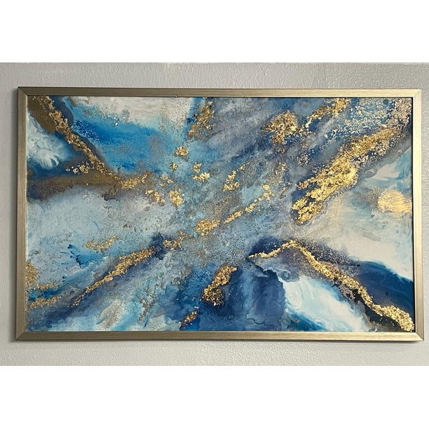 Rectangular Blue Wall Rectangular Blue Framed Hand Acrylic Painting Wall Art with Gold Paper ...