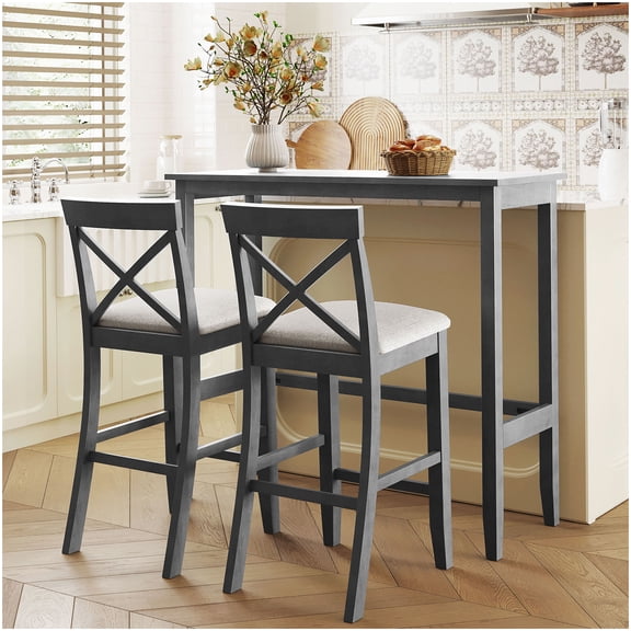 Farmhouse Style Rectangular Dining Table Set with 2 Gray Upholstered Chairs, Beige and Gray Kitchen Breakfast Nook Set