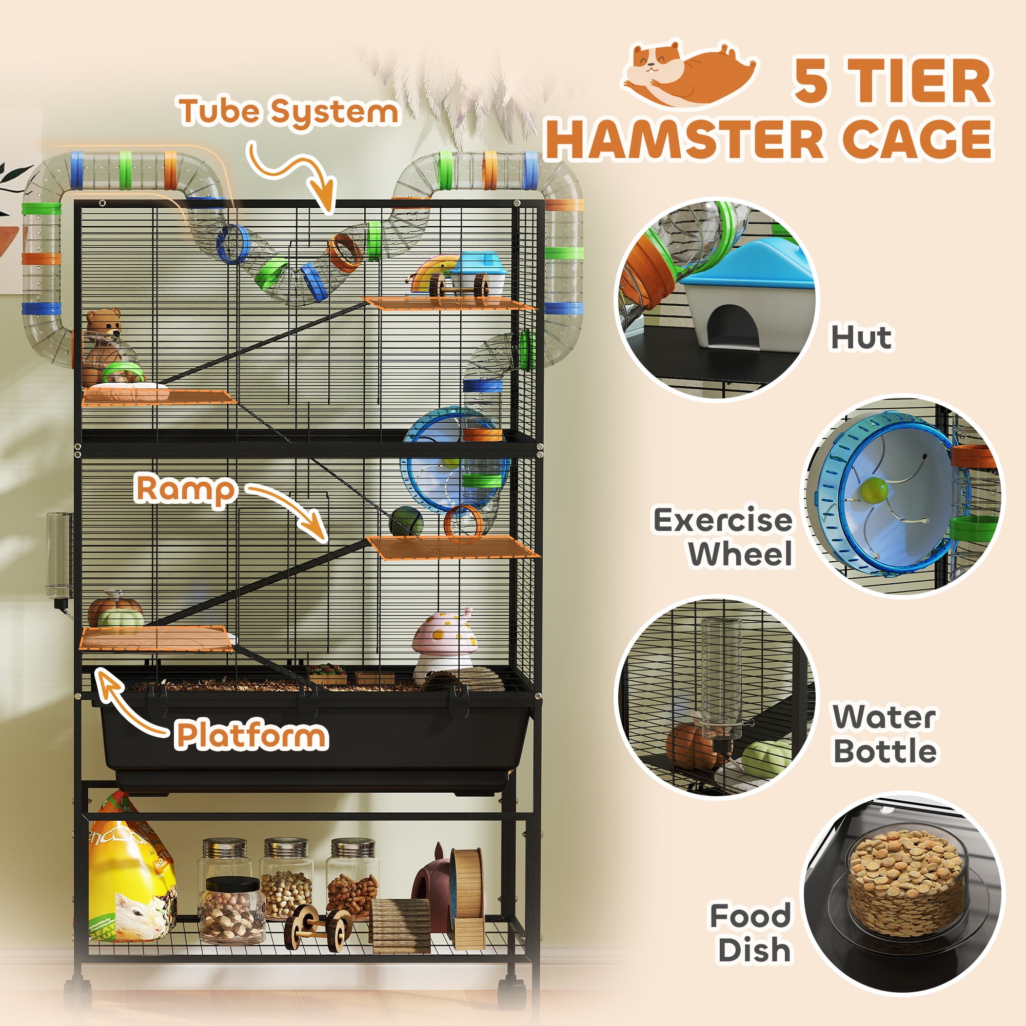 PawHut Hamster Cage, 5 Tier Rolling Rat Cage with Deep Tray, Storage Shelf, Big Exercise Wheel, Hut, Tube System, for Syrian, Gerbil, Mouse