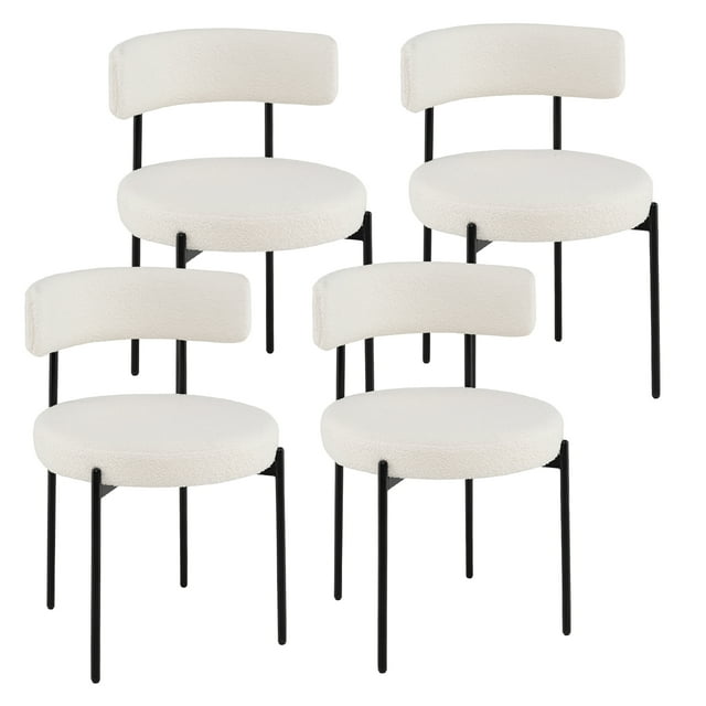 Gymax Round Dining Chairs Set of 4 with curved backrests, upholstered in soft white Sherpa fleece for comfort. Features high-density sponge filling, a wide 20.5-inch round seat, and sturdy black metal legs for stability. Perfect for modern dining rooms or ergonomic seating needs.