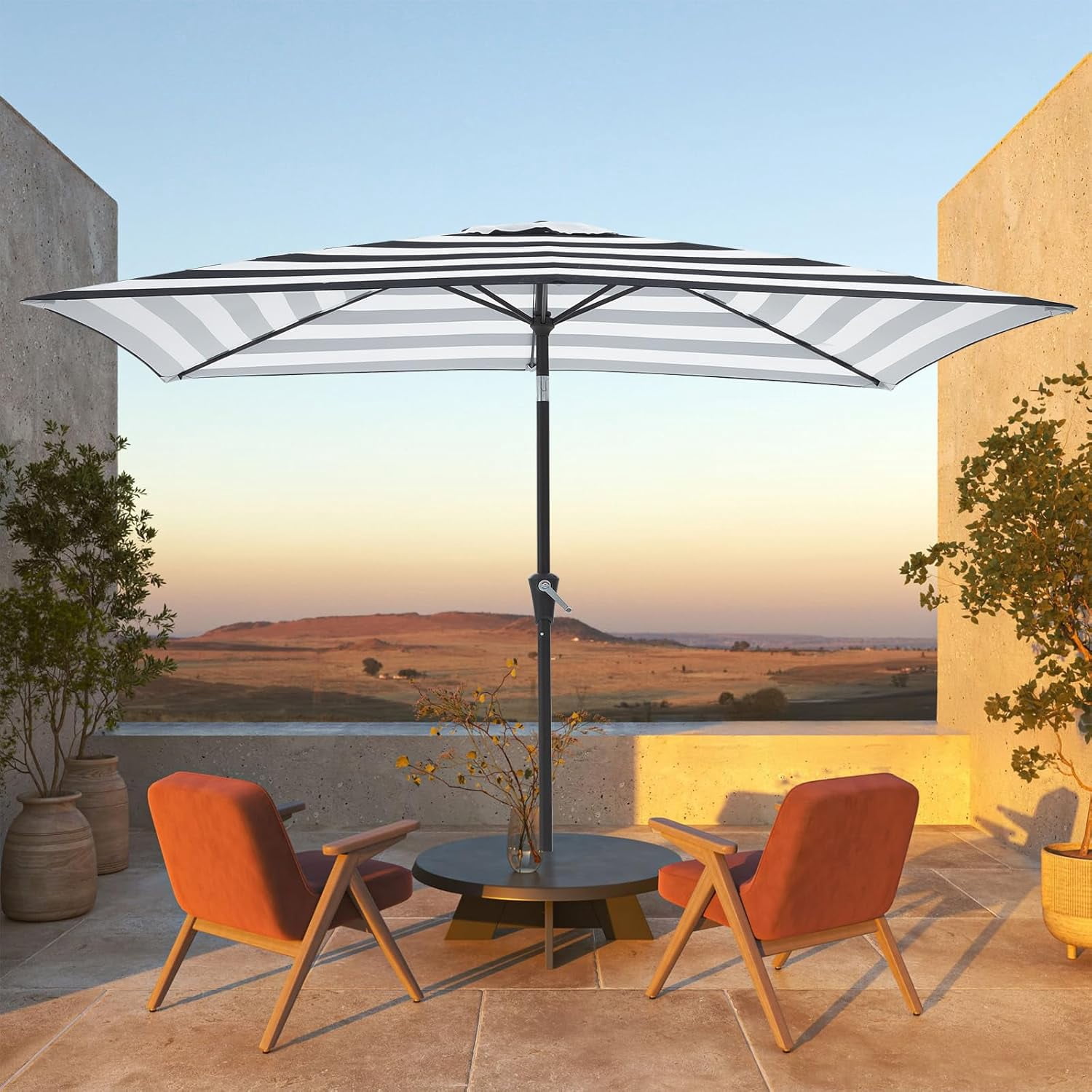 6.5x10 ft Rectangular Patio Umbrellas Outdoor Umbrella with Push Button Tilt and Crank, Market Table Umbrella 6 Sturdy Ribs UV Protection for Poolside Garden Backyard Deck, Black-White Stripe