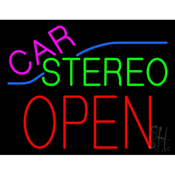 Pink Car Stereo Red Block Open LED Neon Sign 24 x 31 - inches, Clear Edge Cut Acrylic Backing, with Dimmer - Bright and Premium built indoor LED Neon Sign for Computer & Electronics store decor.