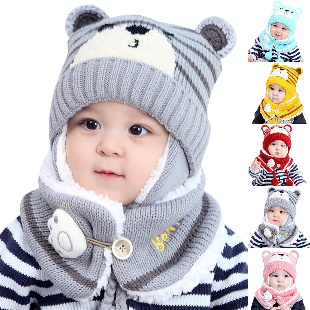 Bmisegm Winter Hats for Kids Baby Boy Girl Toddler Bear Ear Cap Beanie Hat Scarf Fleece Lined Knitted Neck Warmer Set