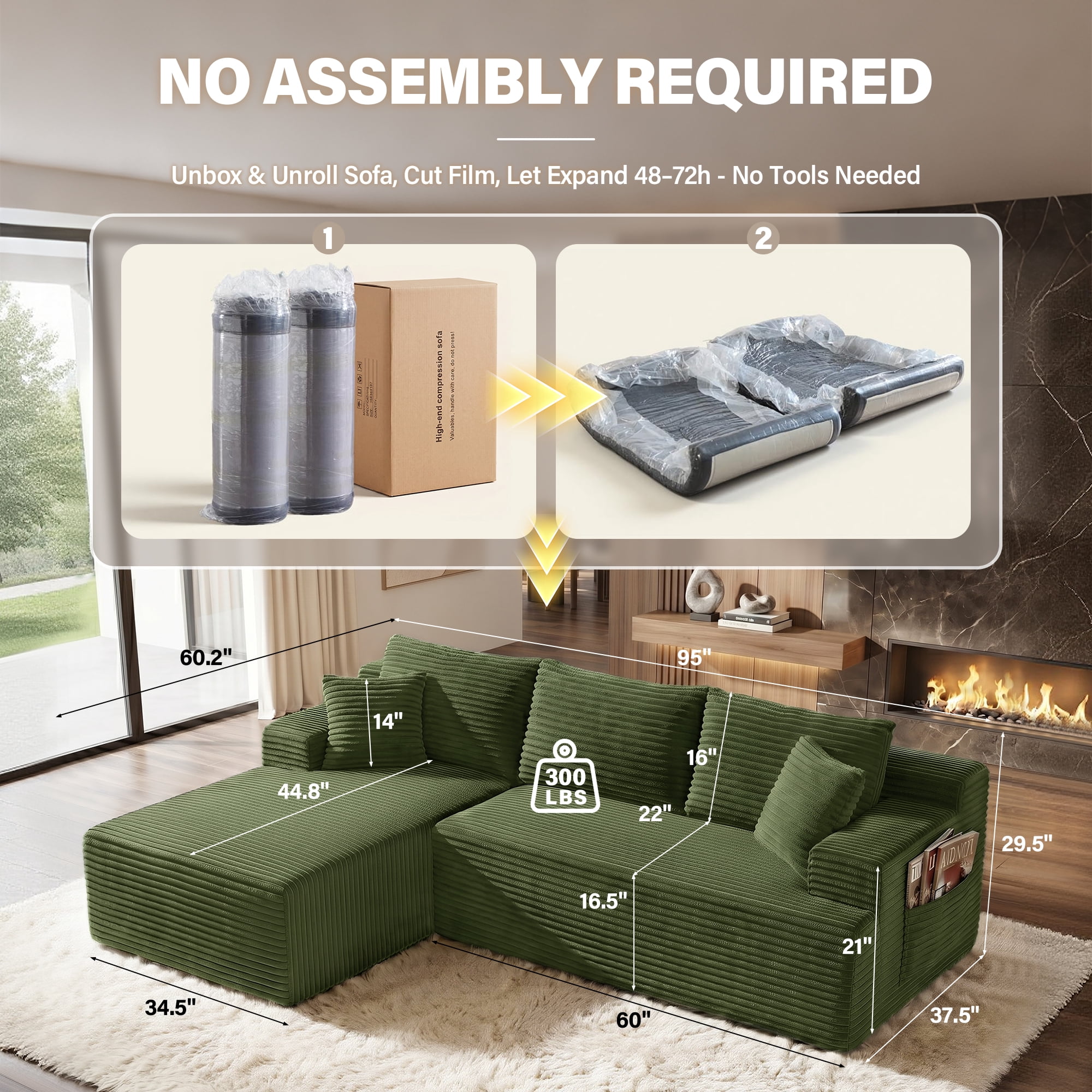 Aukfa 96" Cloud Sectional Couch, Modular L Shaped Boneless Sofa with Left Facing Chaise&2 Storage Pockets, Green