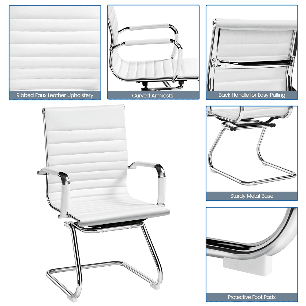 Alden Design 2pcs Mid-back Ergonomic Office Reception Chair with Sled Metal Base, White