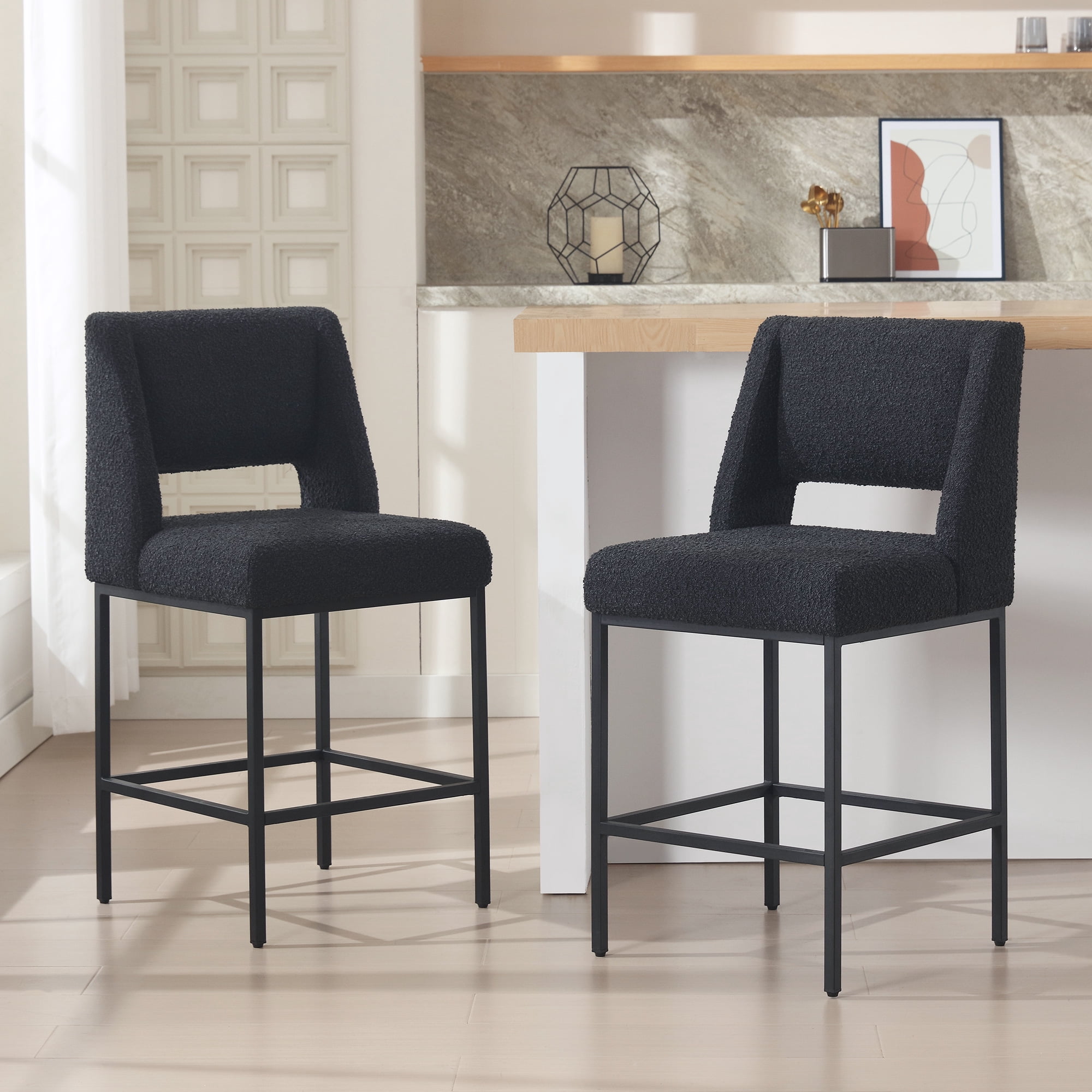 Zesthouse 26.4" Modern Counter Stools Set of 4, Boucle Fabric Bar Stools with Back and Metal Legs, Extra Thick Upholstered Counter Height Chairs for Kitchen Island, Black