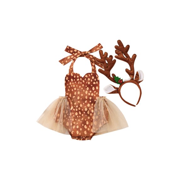 JYYYBF Infant Baby Girl Halloween Christmas Outfits Deer Costume Sleeveless Tie Elk Jumpsuit Romper Tutu Dress Hairband Set