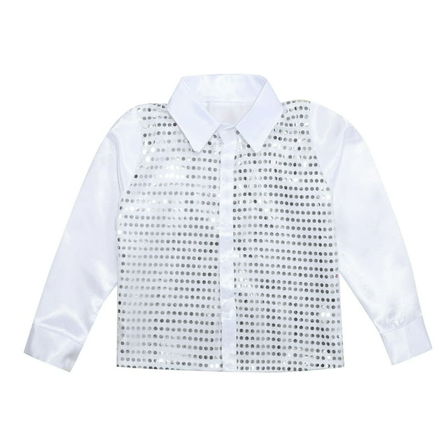 Hauts pour Garçons Chemise de Danse à Sequins Scintillants Manches Longues Boutonnée pour Performance de Jazz