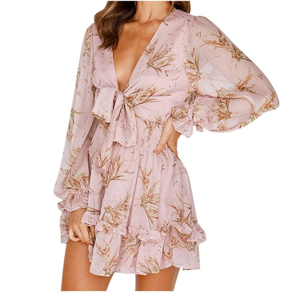 Women's Puff Sleeve Floral Printed Chiffion Dress for Women Deep V-Neck Ruffle Hem Short Dresses Elastric Waist Front Tie Mini A-Line Dress
