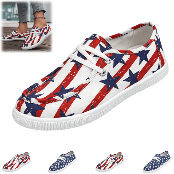 Women's Patriotic Canvas Sneakers, America Print Low-Top Slip-On Shoes, American Flag Star Stripes Casual Walking Shoes for 4th of July,Red,36
