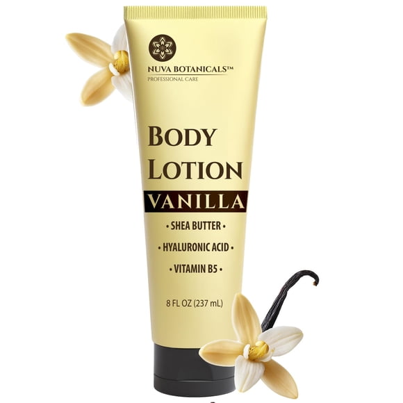 Nuva Botanicals Loción corporal de vainilla para mujer piel seca - Loción de vainilla para mujer con ácido hialurónico - Crema corporal para mujer con manteca de karité - Cuidado corporal hidratante e
