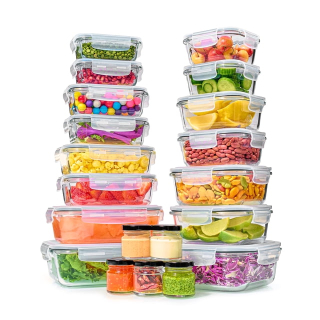 juego de recipientes de vidrio para almacenamiento de alimentos de 40 piezas con tapas herméticas Conjunto apilado, vista frontal de recipientes de vidrio transparentes con tapas de silicona sin BPA; variedad de tamaños rectangulares, cuadrados y redondos (40 piezas) mostrada con frutas, verduras, legumbres y frascos de salsas; cierre de 4 lados y diseño apilable ideal para preparación de comidas y almacenamiento; también suele usarse para llevar salsas y aderezos en frascos pequeños.