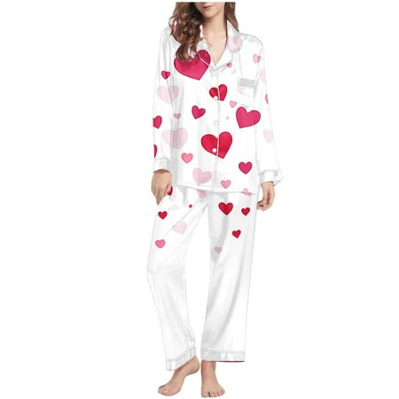 Lovzfmll Pajama Set for Women Valentine s Day Print Long Sleeve Set Collared Casual Top and Pants Comfortable Home Sleepwear White L