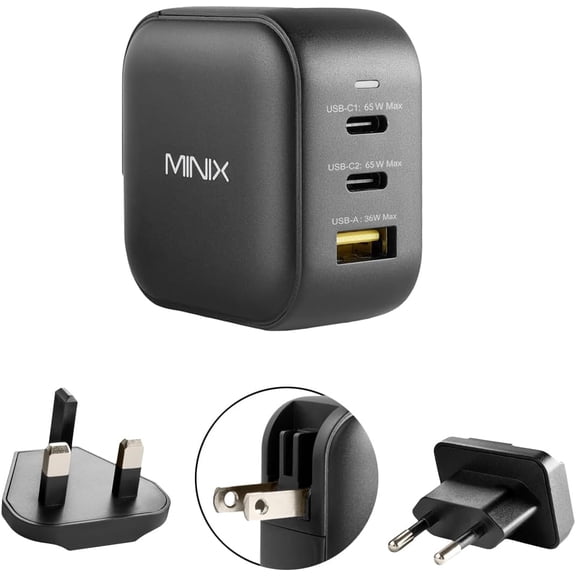 66W Turbo 3-Port GaN Wall Charger 2 x USB-C Fast Charging Adapter, 1 x USB-A Quick Charge 3.0, Compatible with MacBook Pro Air, iPad Pro, iPhone 16/15/13/12/11, Galaxy S9 S8 and More (NEO P1)