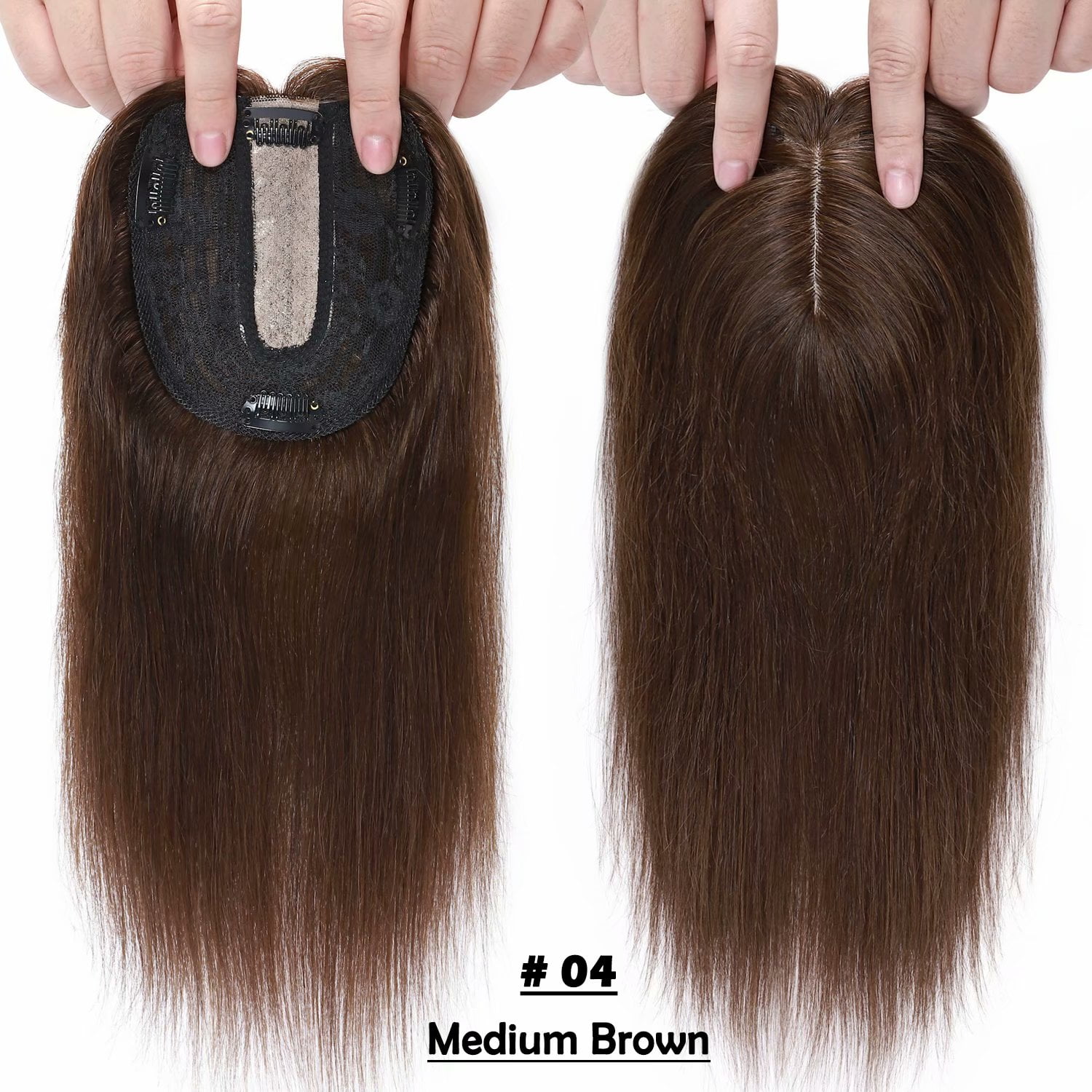 Benehair 100% Real Remy Human Hair Extensions Silk Base Clip In Topper Toupee Hairpiece With Bangs for Women Hair Loss Brown