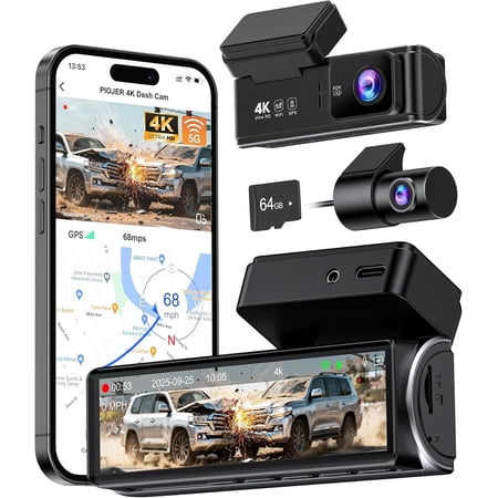 4K Dash Cam Front Rear, Dual Dash Camera for Cars Built in 5GHz/2.4GHz WiFi GPS Dashcam with G-Sensor 24H Parking Monitor Loop Recording WDR Night Vision 170° View Angle APP Control Free 64GB SD Card
