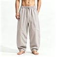 thumbnail image 2 of Men's Baggy Cotton Linen Harem Pants Pleated Barrel Leg Trousers Wide Leg Drawstring Summer Beach Yoga Boho Casual Pants Big & Tall Size M-5XL White, 2 of 5