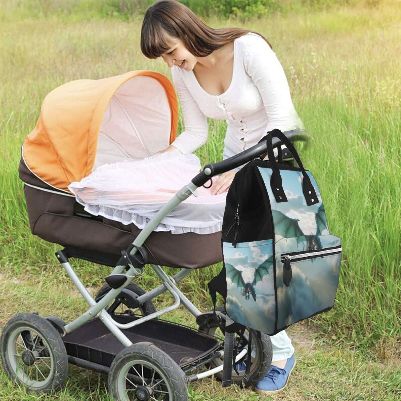 Fuzoiu Cloud Sky Green Dragon Print Diaper Bag Backpack,Baby Essentials Travel Tote,Multi function Waterproof Diaper Bag, Travel Essentials Baby Bag - Unisex