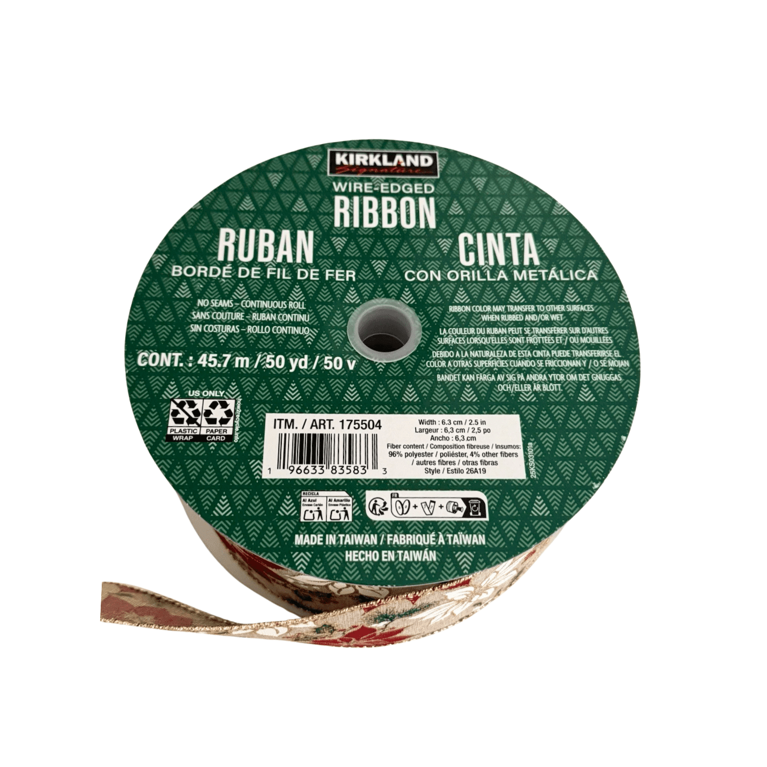 Kirkland Signature Wire Edged Christmas Ribbon 2.5” x 50 Yards  (Poinsettia Red White Gold, 2.5in)