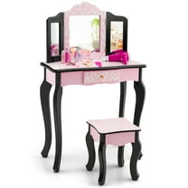 Infans Kid Vanity Set Wooden Makeup Table Stool Tri-Folding Mirror Leopard Print Pink
