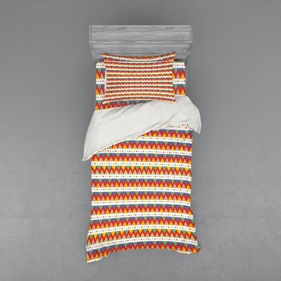 Tribal Duvet Cover Set, Chevron Zigzags Pattern with Colorful Triangles and Stripes Hand Drawn Lines, Bedding Set with Shams and Fitted Sheet, 3 Sizes, by Ambesonne