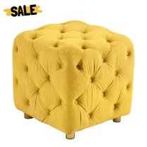 GZXS Velvet Upholstered Ottoman Foot Stool, Square Vanity Chair with Soft Foam Seat, Modern Accent End Table for Small Space (Yellow)