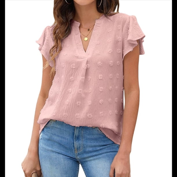 Blusa de Mujer con Cuello en V y Mangas con Volantes, Blusas Holgadas, Elegantes, Casuales, Lindas, para Verano Rosa L