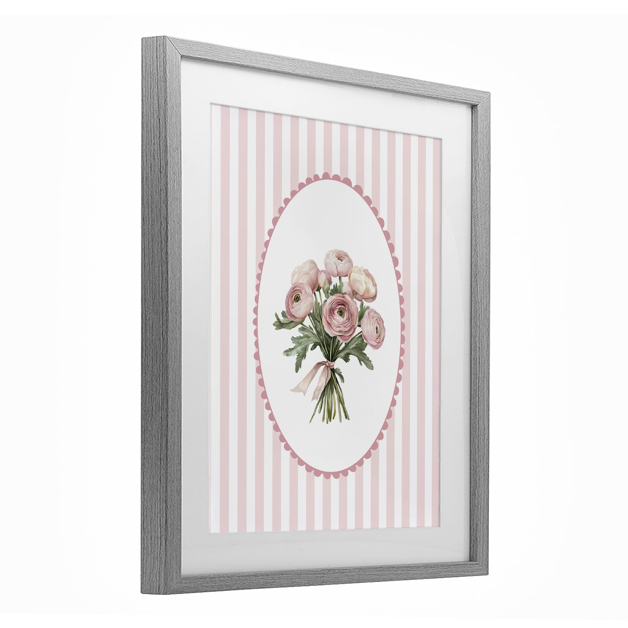 Peony Bouquet on Gentle Stripes Gray Framed Print Under Glass, design by Christine Simpson Art