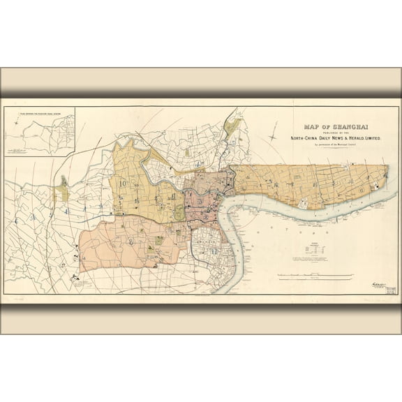 24"x36" Gallery Poster, Map of Shanghai, china 1918