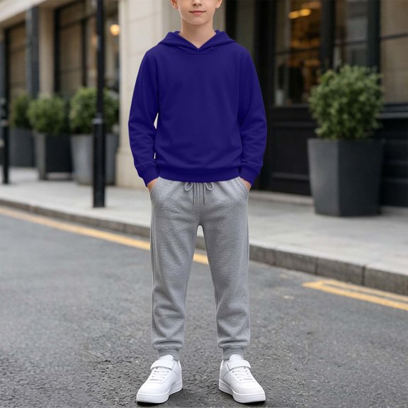 BRGZLK 2 Piece Outfit for Teen Girls Boys Solid Color Long Sleeve Pullover Hooded Sweatshirt and Jogger Sweatpants Soft Comfort Tracksuit Fall Winter Outfits Dark Blue 12-13 Years
